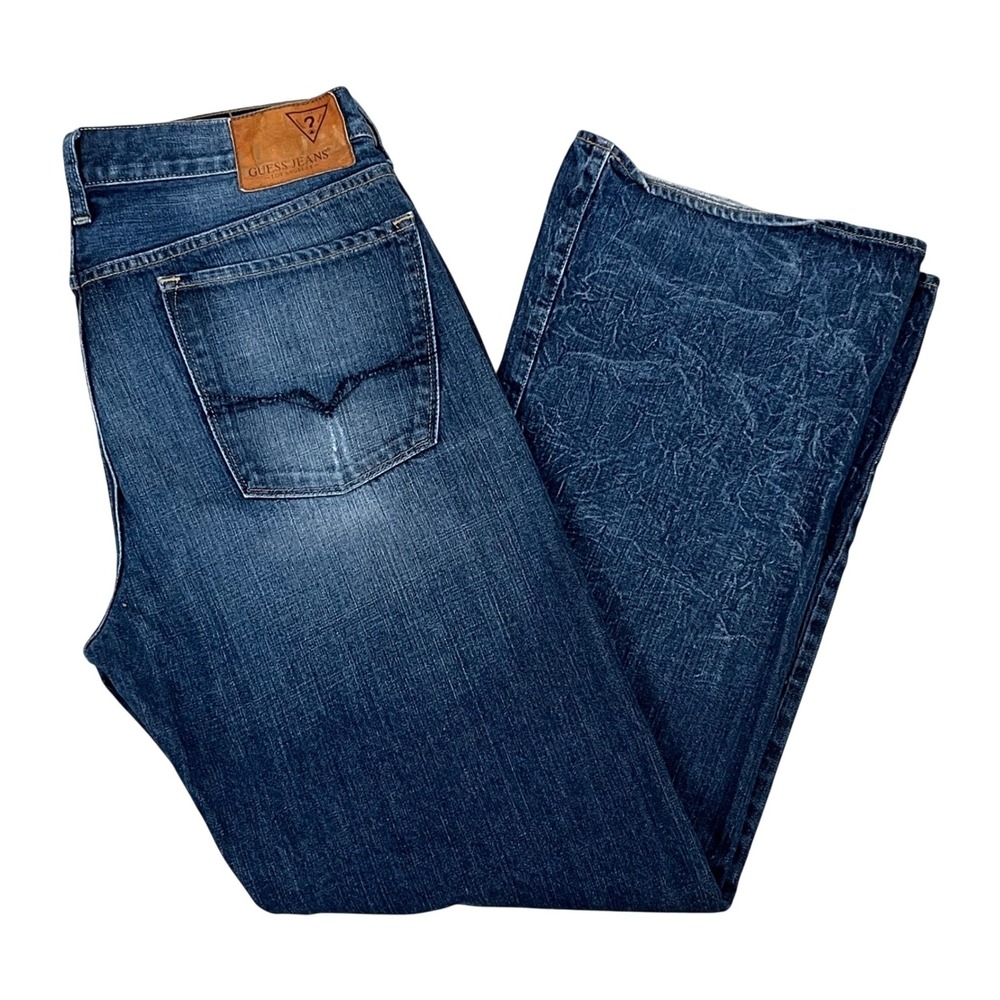 Guess Mens Cliff Relaxed Bootcut Jeans 36x32 Blue Whiskering Distressed Crinkle